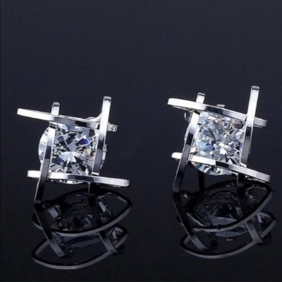 NEW STERLING SILVER 3D CAGE DIAMOND STUD EARRINGS - Picture 2 of 6